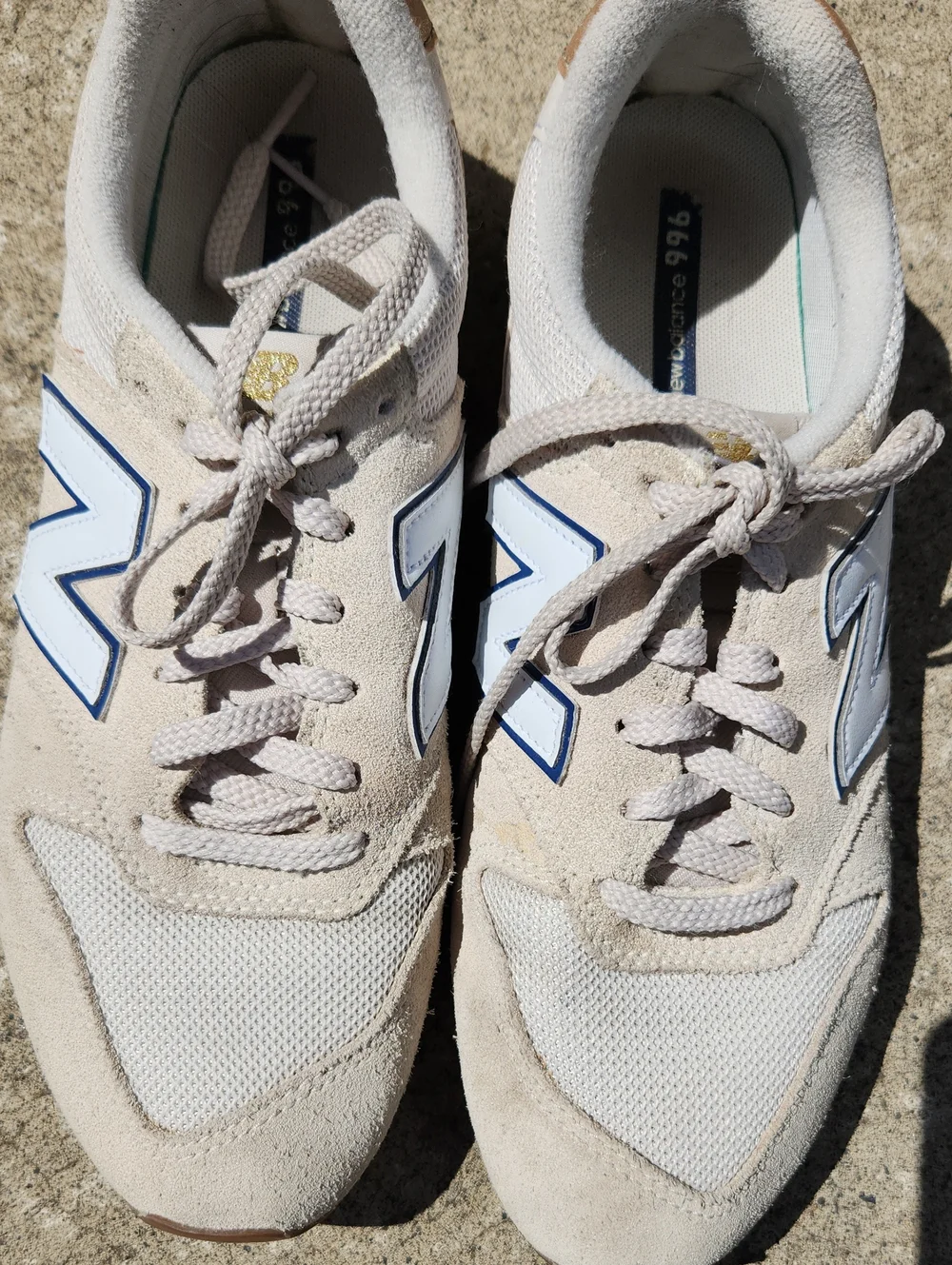 New Balance Men’s Cream Suede & White Mesh Sneakers with Navy Logo